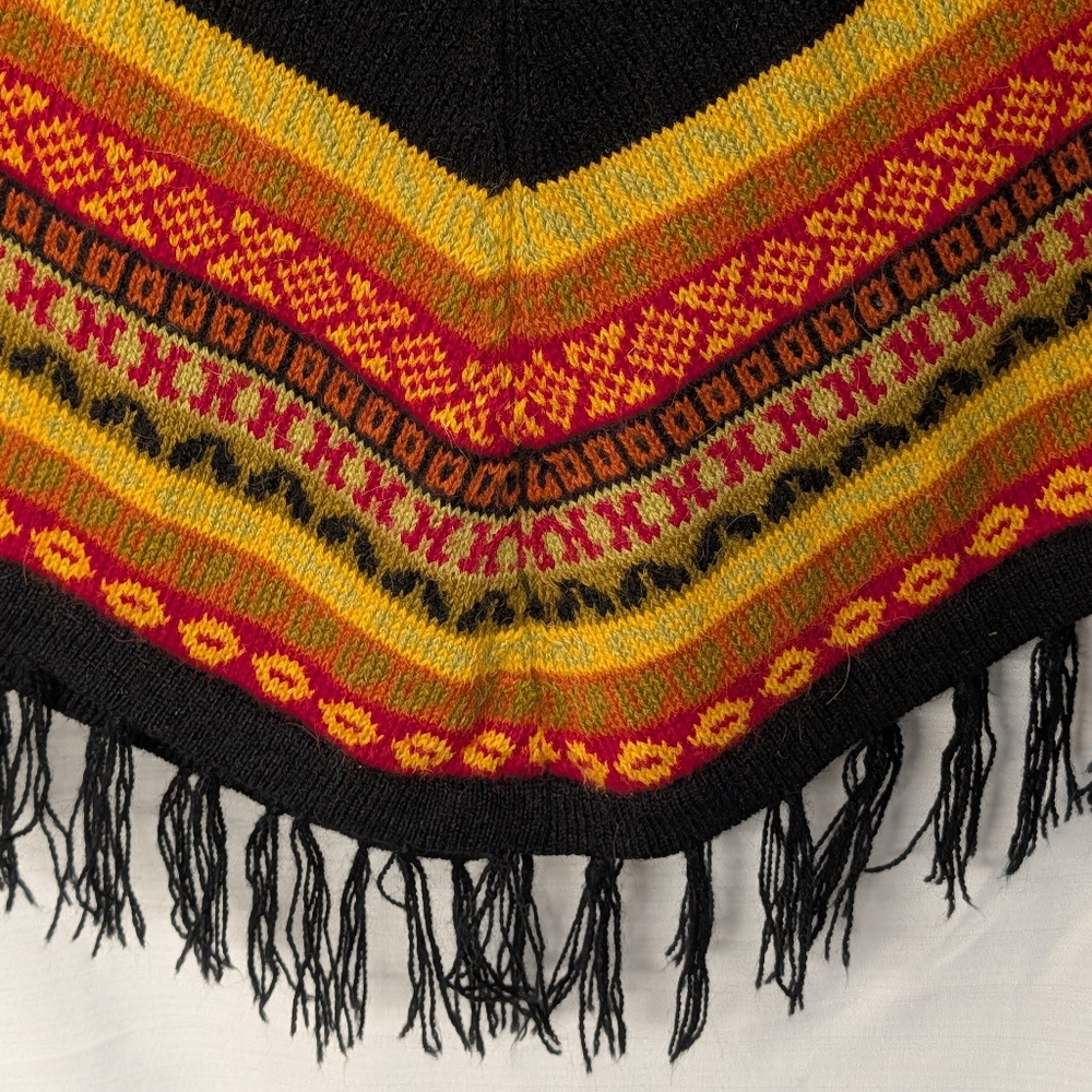 Peruvian Alpaca Black Fringe Poncho Sweater And Matching Maxi Skirt - Picture 4 of 16